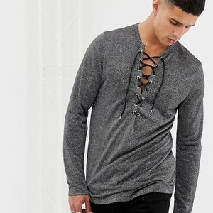 Deep V Lace Up Shirt in Silver Metallic Fabric